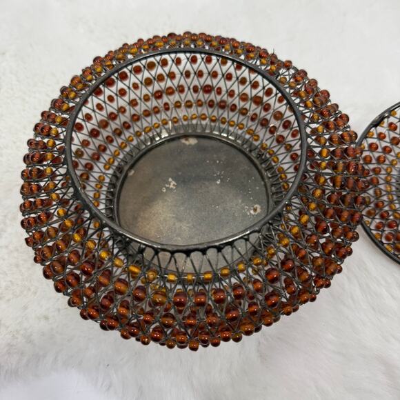 Contemporary arts beaded container with lid amber brown metal - Picture 3 of 8